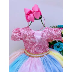 Vestido Infantil Unicórnio Chuva de Amor Arco Iris de Renda