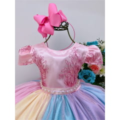 Vestido Infantil Unicórnio Chuva de Amor Arco Iris de Renda