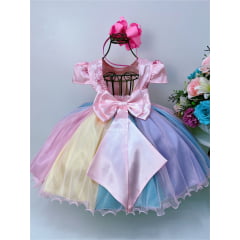 Vestido Infantil Unicórnio Chuva de Amor Arco Iris de Renda