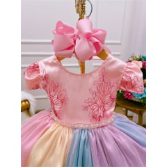 Vestido Infantil Unicórnio Chuva de Amor Arco Iris de Renda