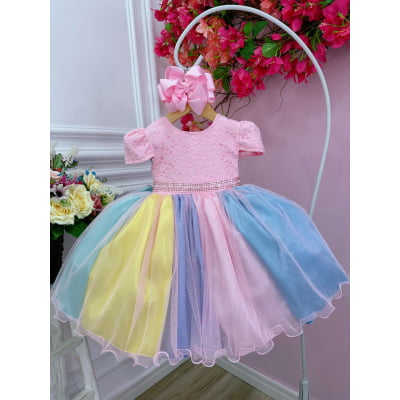 Vestido Infantil Unicórnio Chuva de Amor Arco Iris Festa