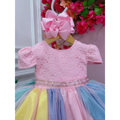 Vestido Infantil Unicórnio Chuva de Amor Arco Iris Festa