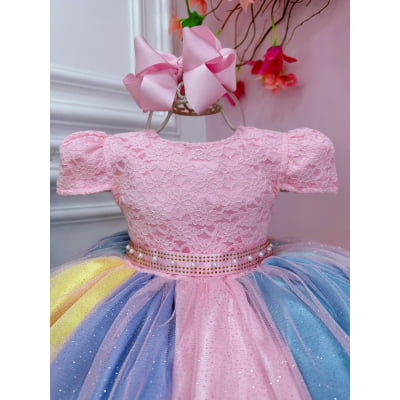 Vestido Infantil Unicórnio Chuva de Amor Arco Iris Festa