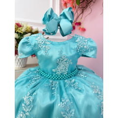 Vestido Infantil Verde Tiffany Com Renda Realeza e Pérolas