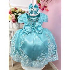 Vestido Infantil Verde Tiffany Com Renda Realeza e Pérolas