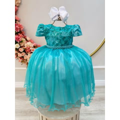 Vestido Infantil Verde Tule C/ Renda Casamento Luxo