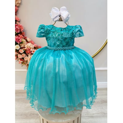Vestido Infantil Verde Tule C/ Renda Casamento Luxo