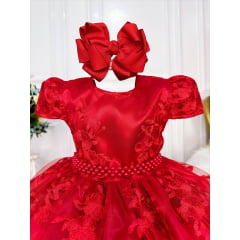 Vestido Infantil Vermelho C/ Renda Realeza e Pérolas