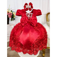Vestido Infantil Vermelho C/ Renda Realeza e Pérolas
