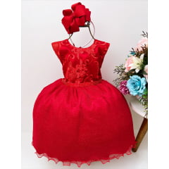 Vestido Infantil Vermelho Com Renda Busto Cinto Strass Luxo