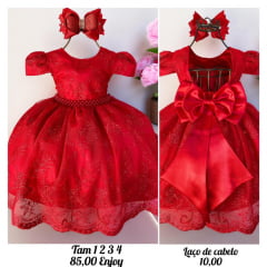 Vestido Infantil Vermelho Realeza Renda Luxo Festa Princesa