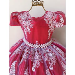 Vestido Infantil Vermelho Renda Branca Realeza Pérolas Luxo