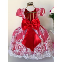 Vestido Infantil Vermelho Renda Branca Realeza Pérolas Luxo