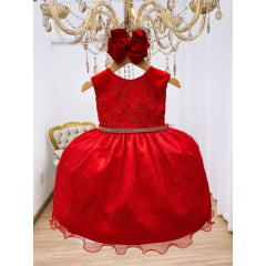 Vestido Infantil Vermelho Renda Busto Cinto Strass Luxo