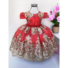 Vestido Infantil Vermelho Renda Dourada Realeza Cinto Pérola