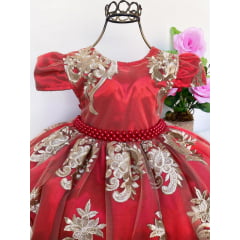 Vestido Infantil Vermelho Renda Dourada Realeza Cinto Pérola