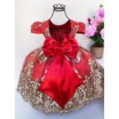 Vestido Infantil Vermelho Renda Dourada Realeza Cinto Pérola
