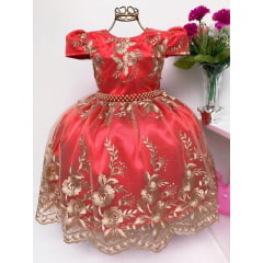 Vestido Infantil Vermelho Renda Dourada Realeza Luxo Princes