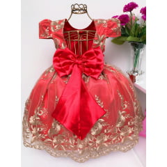 Vestido Infantil Vermelho Renda Dourada Realeza Luxo Princes