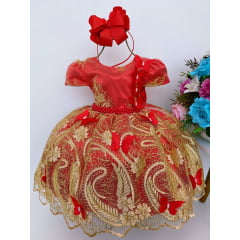 Vestido Infantil Vermelho Renda Dourado Aplique Borboletas