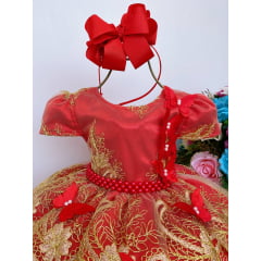 Vestido Infantil Vermelho Renda Dourado Aplique Borboletas