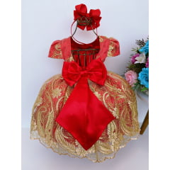 Vestido Infantil Vermelho Renda Dourado Aplique Borboletas