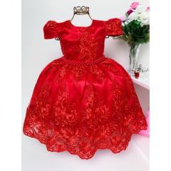 Vestido Infantil Vermelho Renda Princesas Realeza Luxo Festa