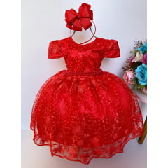 Vestido Infantil Vermelho Rendado Luxo Realeza Pérolas