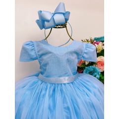 Vestido Infantil Azul Bebê Peito Strass Damas Luxo Mangas