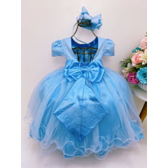 Vestido Infantil Azul Bebê Peito Strass Damas Luxo Mangas