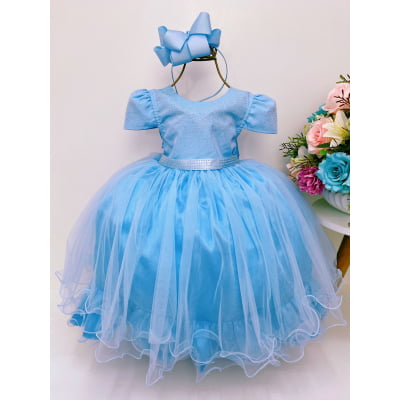 Vestido Infantil Azul Bebê Peito Strass Damas Luxo Mangas