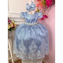 Vestido Infantil Azul C/ a Renda Realeza e Cinto de Pérolas