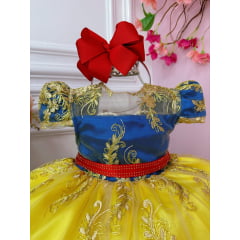 Vestido Infantil Branca de Neve Renda Dourada Strass Luxo