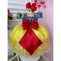 Vestido Infantil Branca de Neve Renda Dourada Strass Luxo