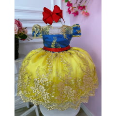 Vestido Infantil Branca de Neve Renda Dourada Strass Luxo