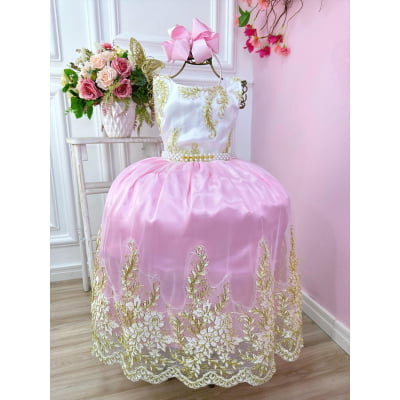 Vestido Infantil Branco Com Rosa e Renda Realeza Daminhas