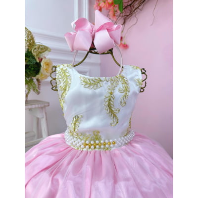 Vestido Infantil Branco Com Rosa e Renda Realeza Daminhas