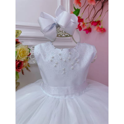 Vestido Infantil Branco Busto Strass Damas Luxo Festas