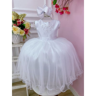 Vestido Infantil Branco Busto Strass Damas Luxo Festas