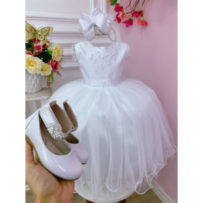 Vestido Infantil Branco Busto Strass Damas Luxo Festas
