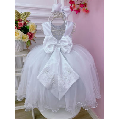 Vestido Infantil Branco Busto Strass Damas Luxo Festas