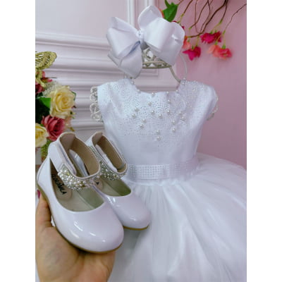 Vestido Infantil Branco Busto Strass Damas Luxo Festas