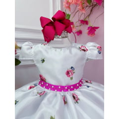 Vestido Infantil Branco Florido Pink e Cinto Strass Pérolas