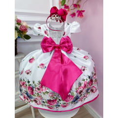 Vestido Infantil Branco Florido Pink e Cinto Strass Pérolas