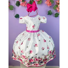 Vestido Infantil Branco Florido Pink e Cinto Strass Pérolas