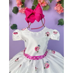 Vestido Infantil Branco Florido Pink e Cinto Strass Pérolas