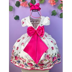 Vestido Infantil Branco Florido Pink e Cinto Strass Pérolas