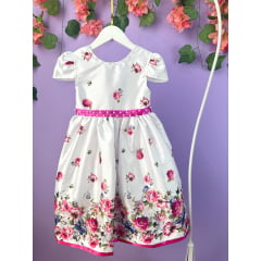 Vestido Infantil Branco Florido Pink e Cinto Strass Pérolas