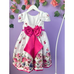 Vestido Infantil Branco Florido Pink e Cinto Strass Pérolas