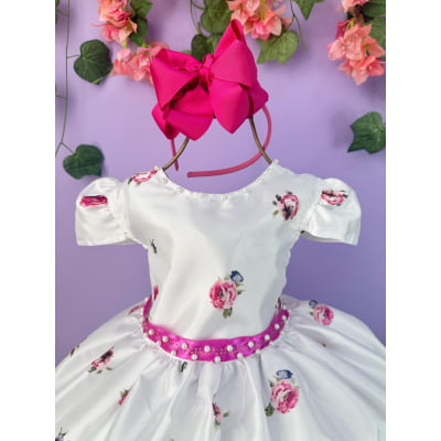 Vestido Infantil Branco Florido Pink e Cinto Strass Pérolas